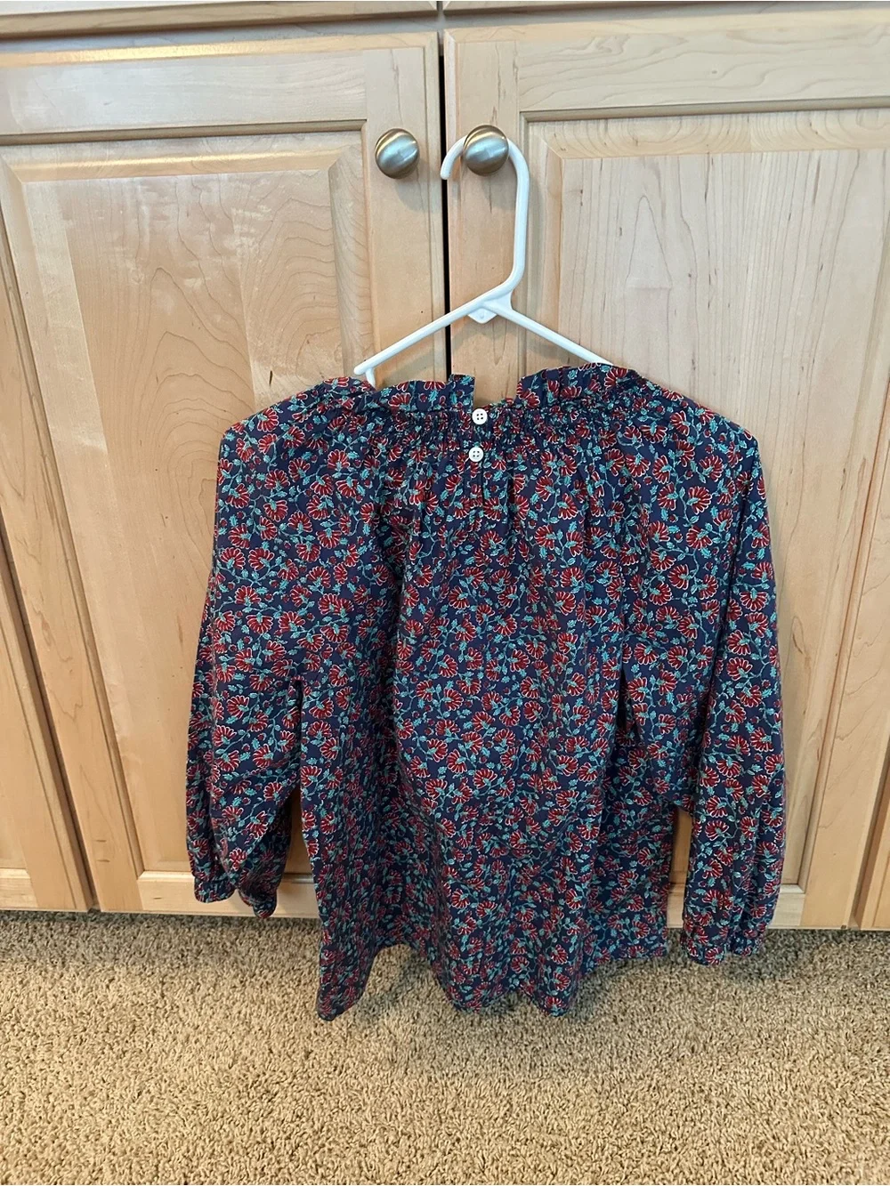 J. Crew Navy Floral Smocked Yoke Blouse with Red and Teal Accents
